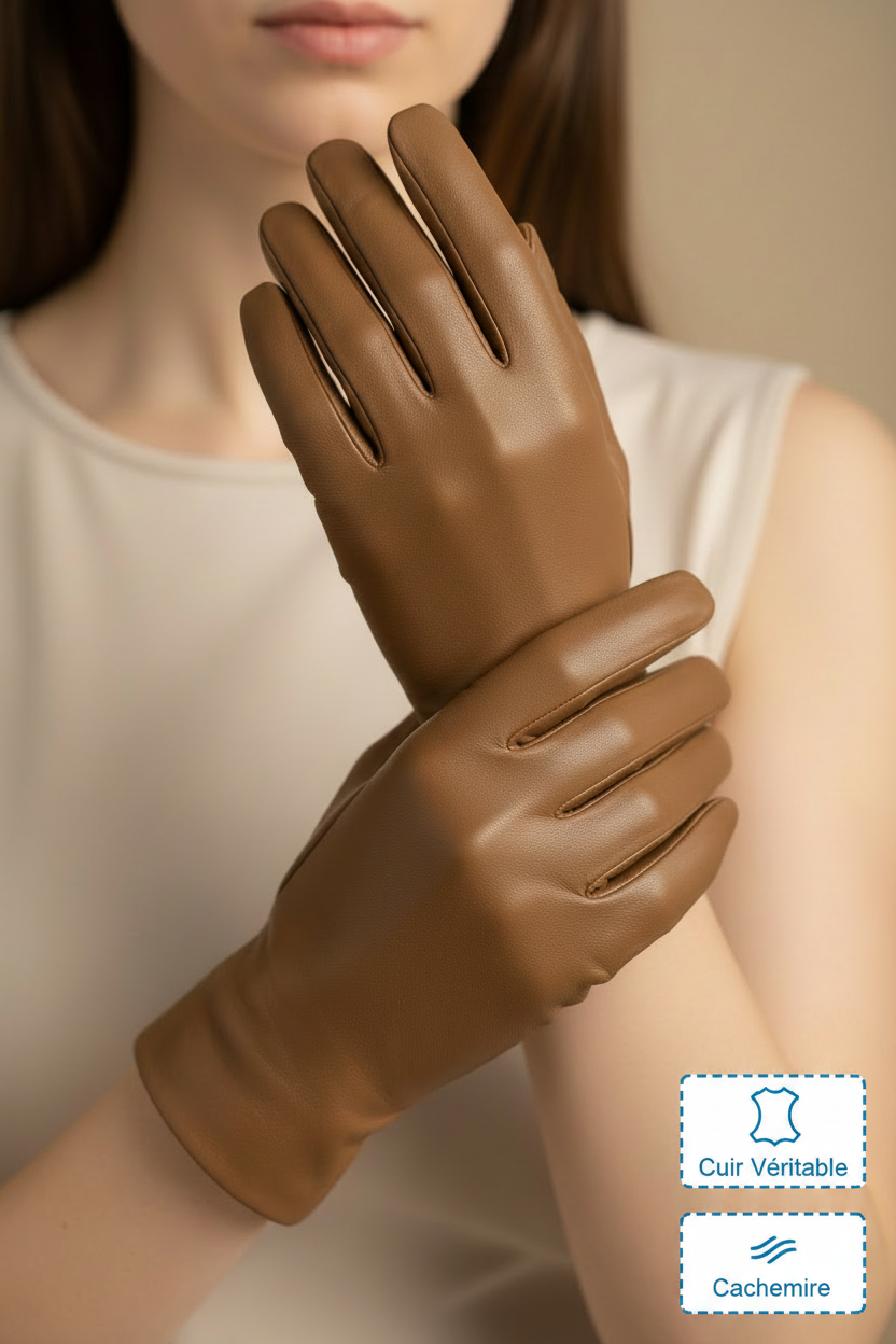 Gros plan gants cuir brun badges Cuir Véritable et Cachemire