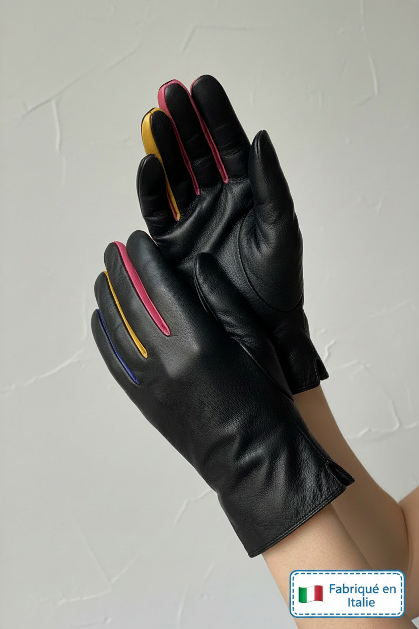 Gros plan gants cuir noir et les doigt coloré