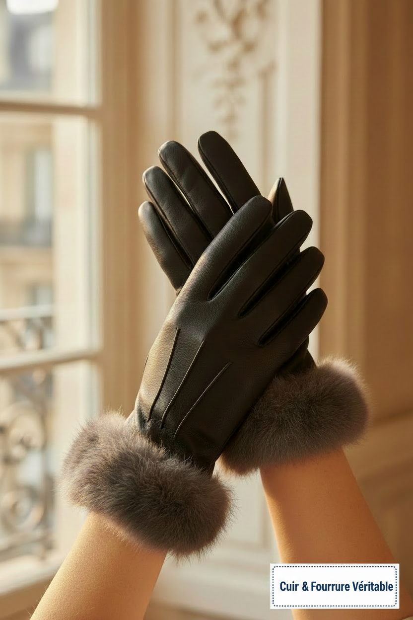 Gros plan gants cuir noir manchette lapin gris portés