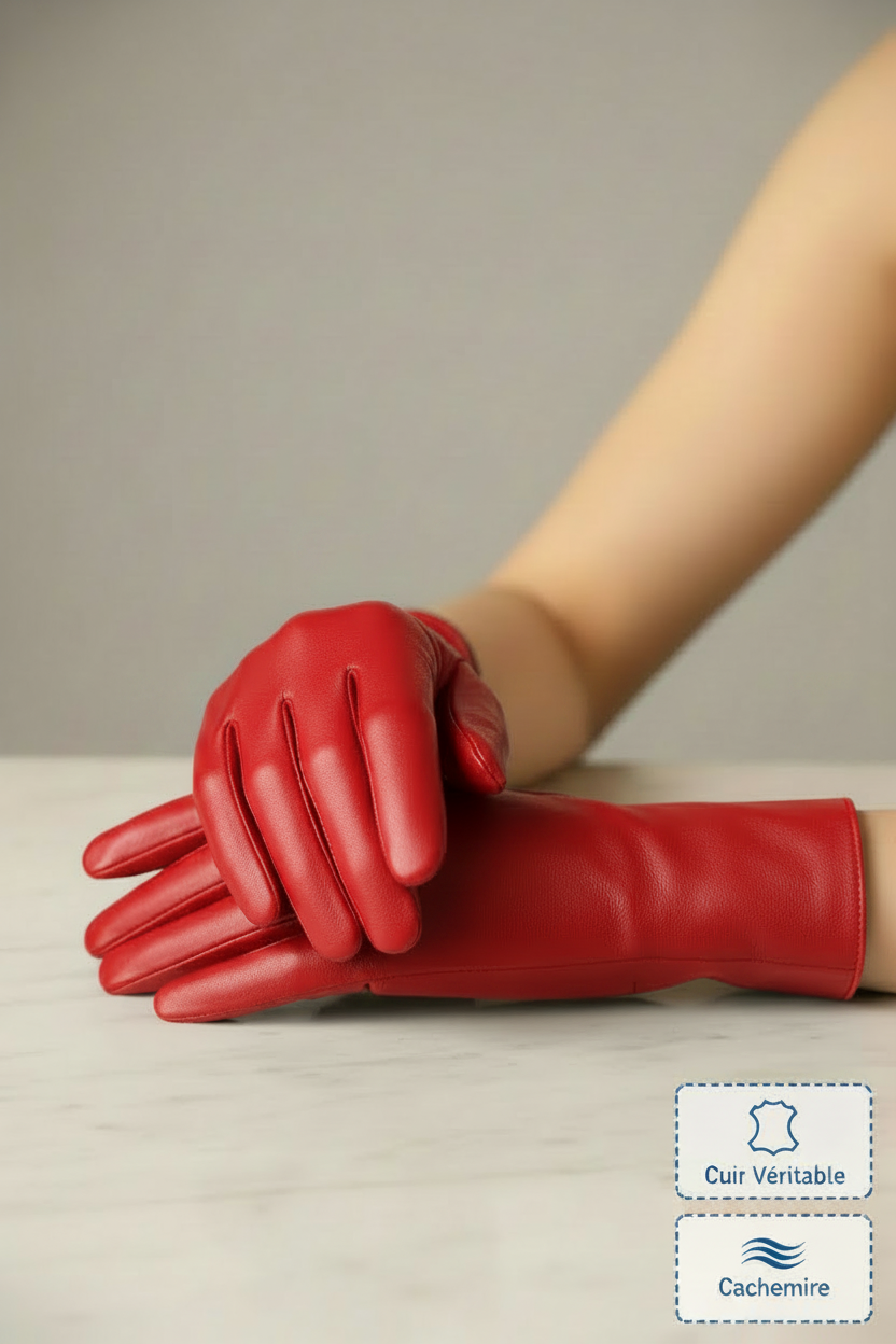 Gros plan mains gants cuir rouge vif écarlate marbre badges