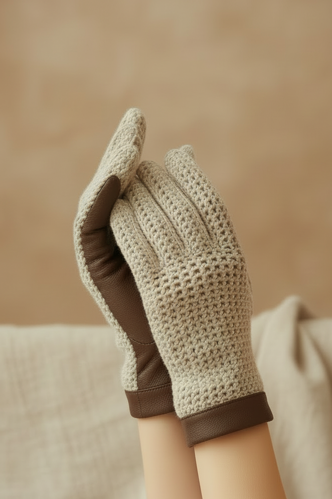Gros plan serré mains gants crochet beige et cuir marron
