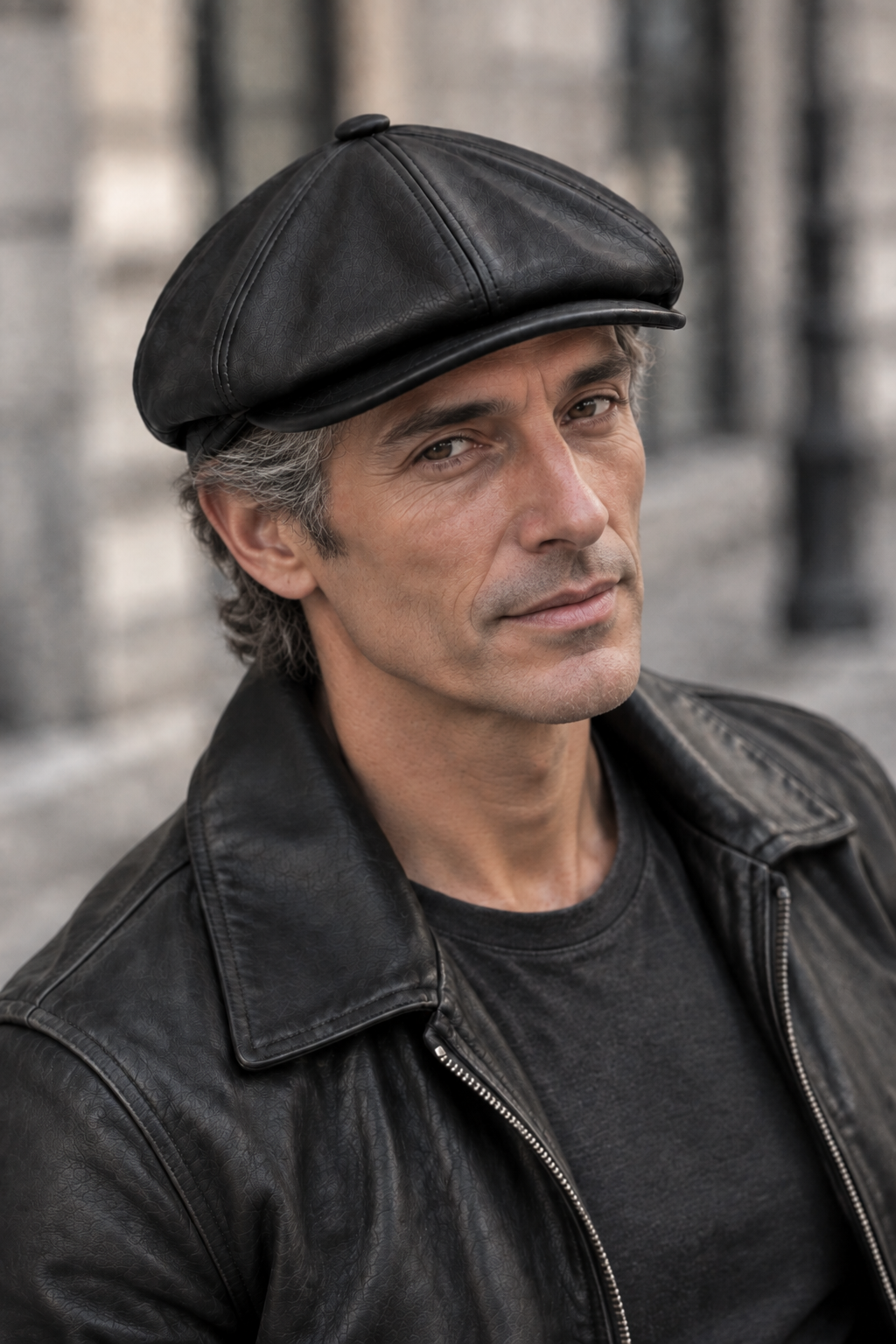 un homme porte une casquette en cuir large