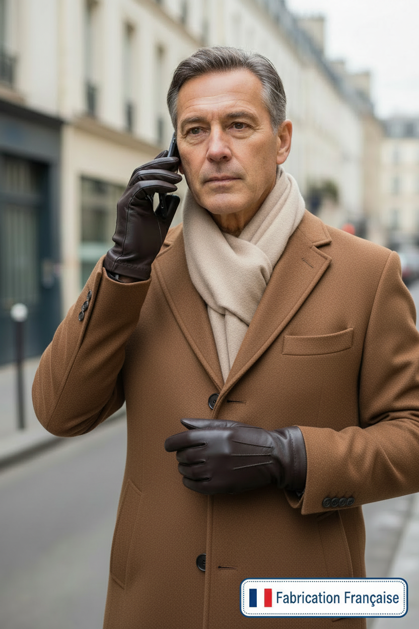 Homme au téléphone qui porte des gants en Cuir d'agneau marron doublés de cachemire