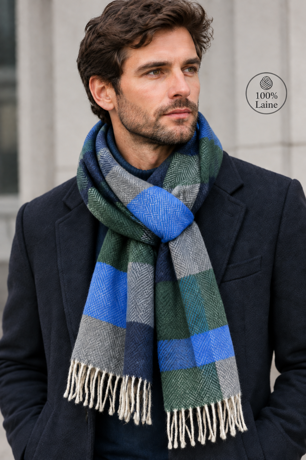 Homme avec une écharpe rayée bleue et verte