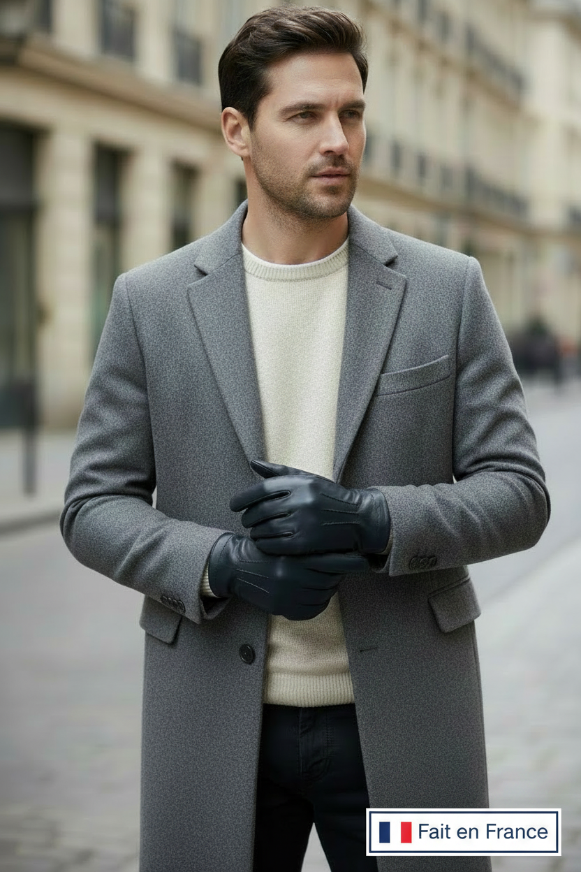 Homme avec manteau gris, gants en cuir bleu marine