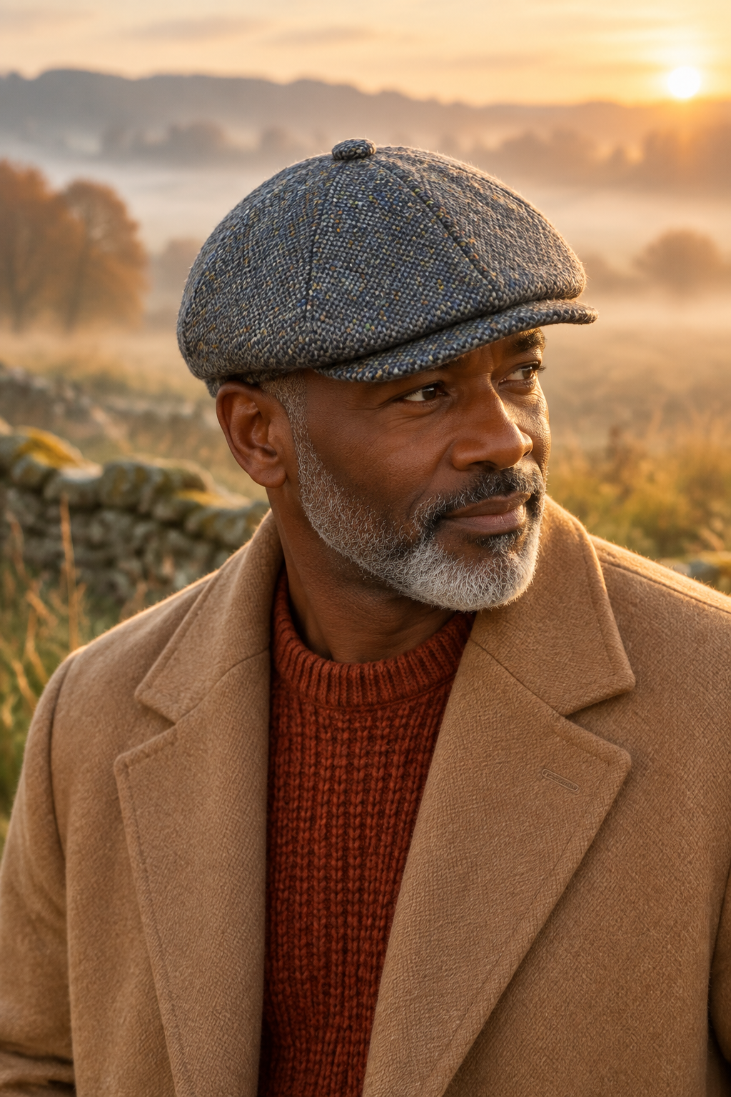 Homme à barbe grise portant la casquette 6 pans à la campagne