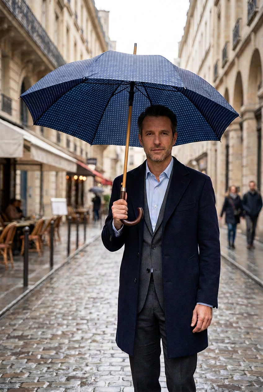 homme élégant dans la rue tenant un grand parapluie bleu a pois et au manche en bois