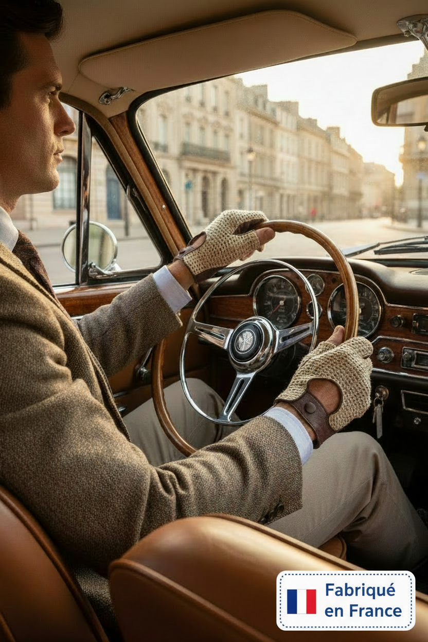 Homme conduisant une voiture de collection avec des mitaines de conduite en cuirs marron et le dessus en crochet coton beige