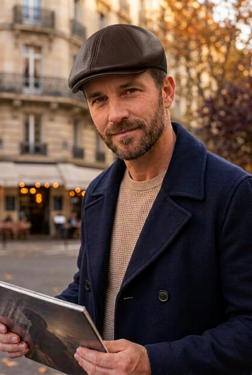 Un homme dans la rue porte un casquette en cuir marron 