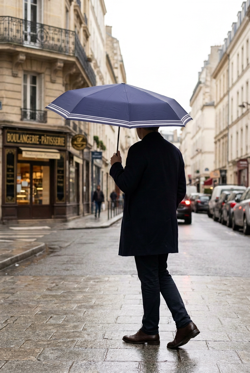 un homme dans la rue de dos qui tiens un mini parapluie pliant bleu marine