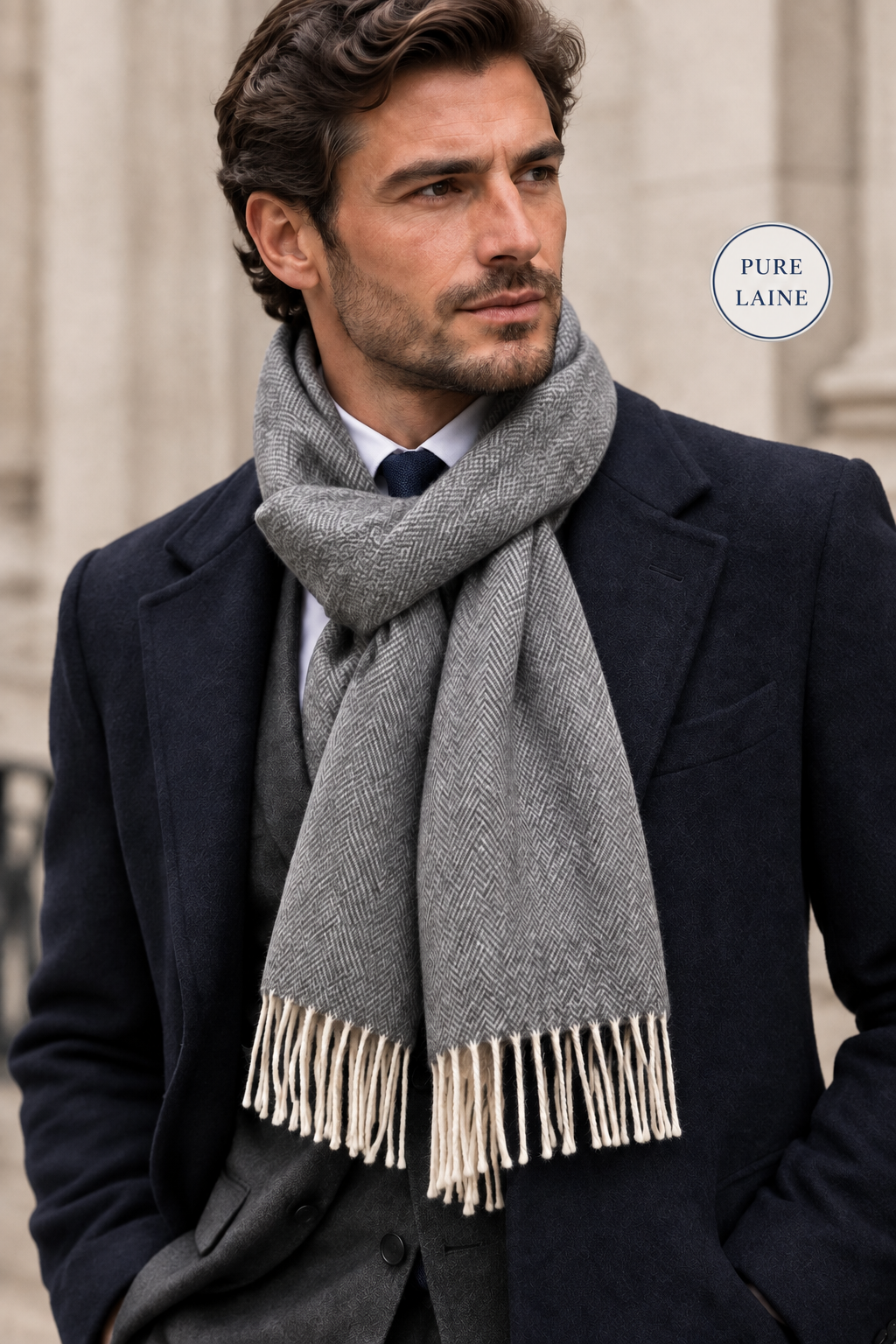 Homme chic et élégant qui porte une écharpe en laine à chevron gris clair