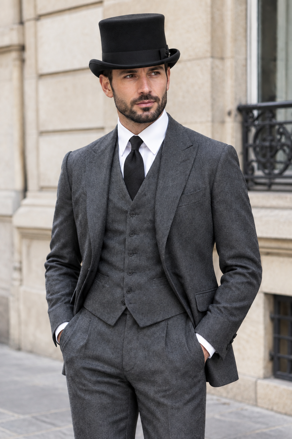 Homme en costume gris avec le nœud du haut-de-forme sur le côté