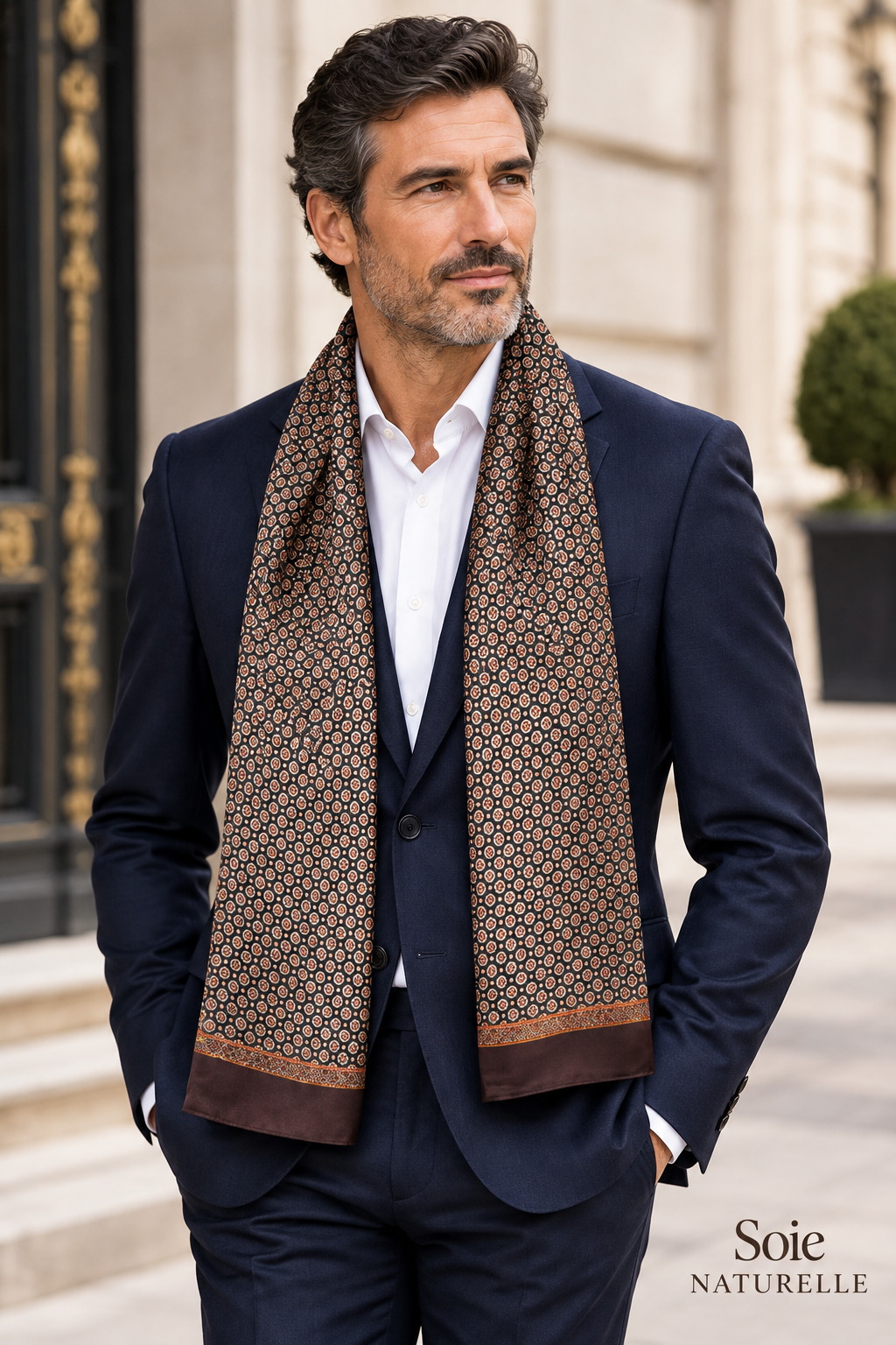 Homme en costume portant une écharpe en soie marron