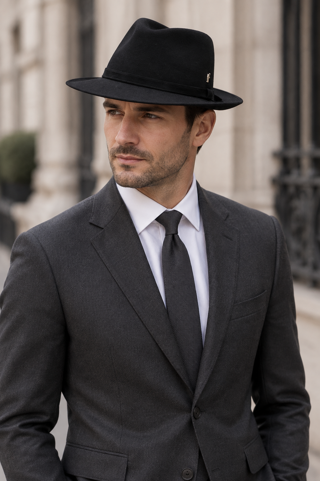 Homme en costume portant le chapeau noir