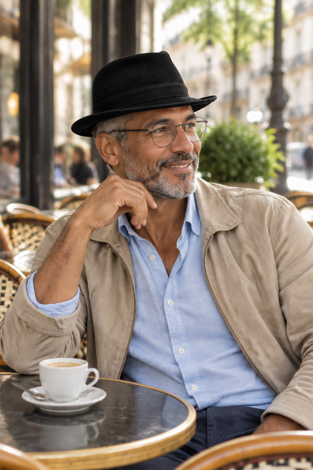 Homme assis en terrasse avec un chapeau petit bord noir
