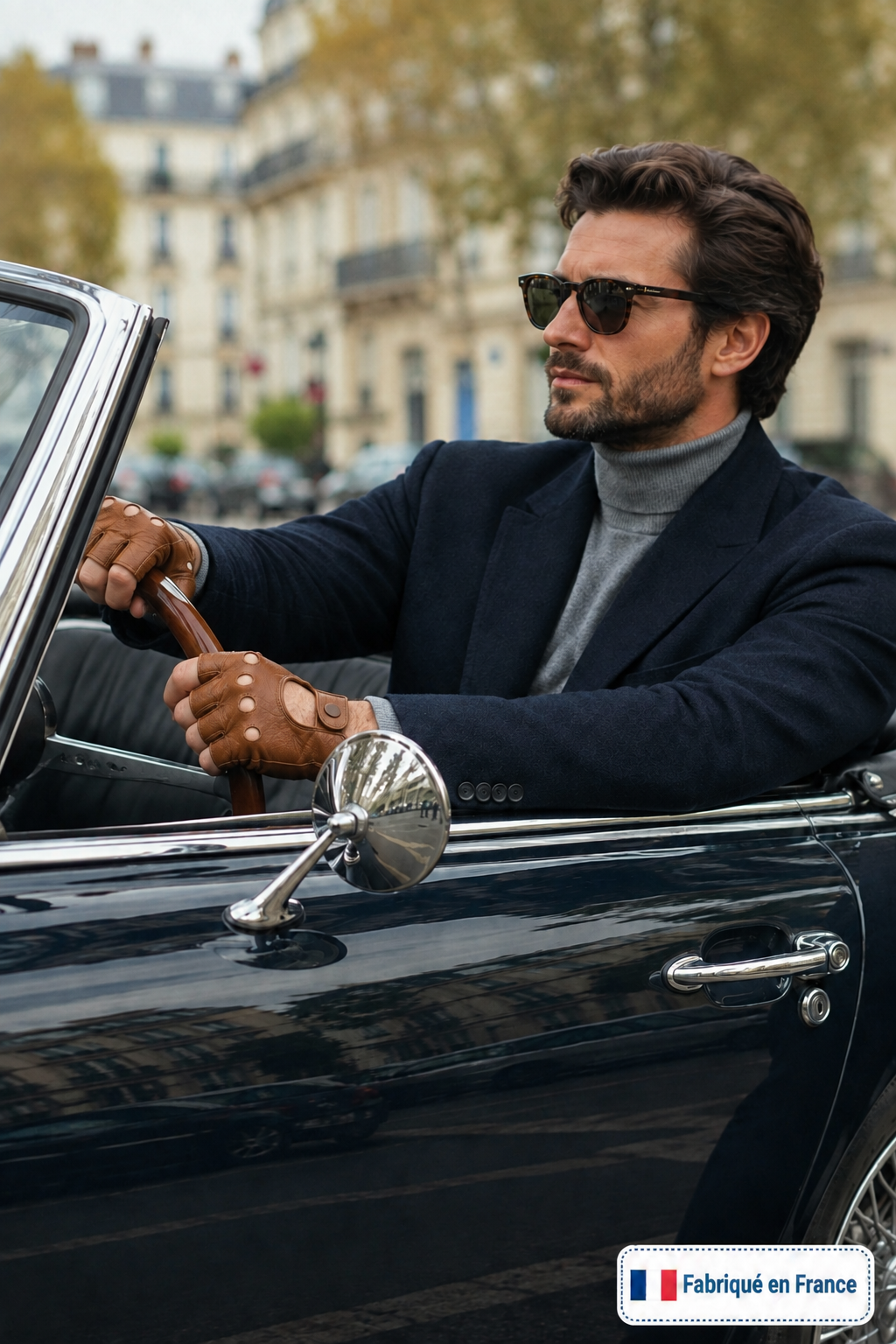 Homme en voiture portant des mitaines de conduite en cuirs de couleurs biscuits