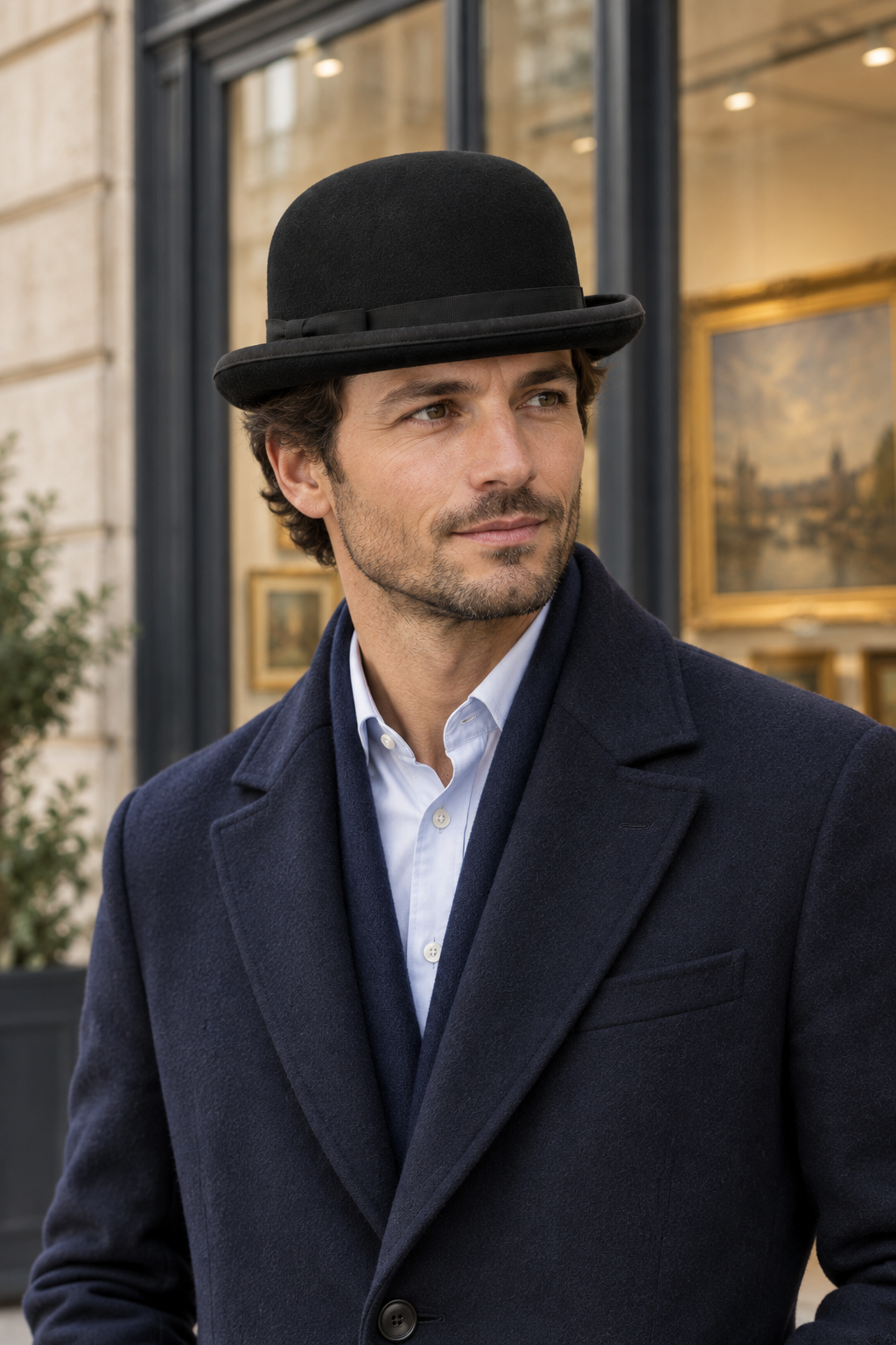 Homme élégant portant le chapeau melon noir