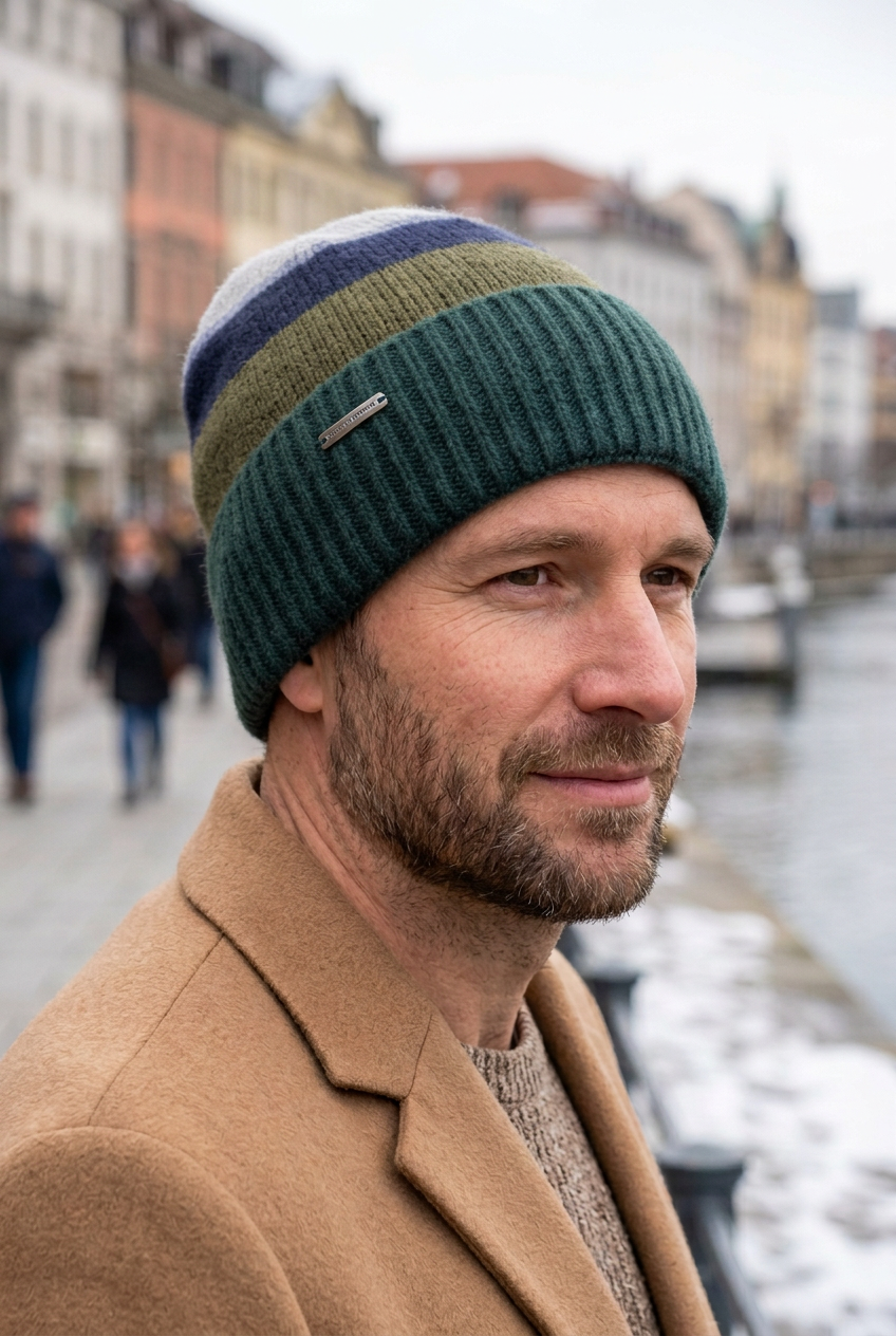 Homme portant un bonnet en laine stetson vert le long du port