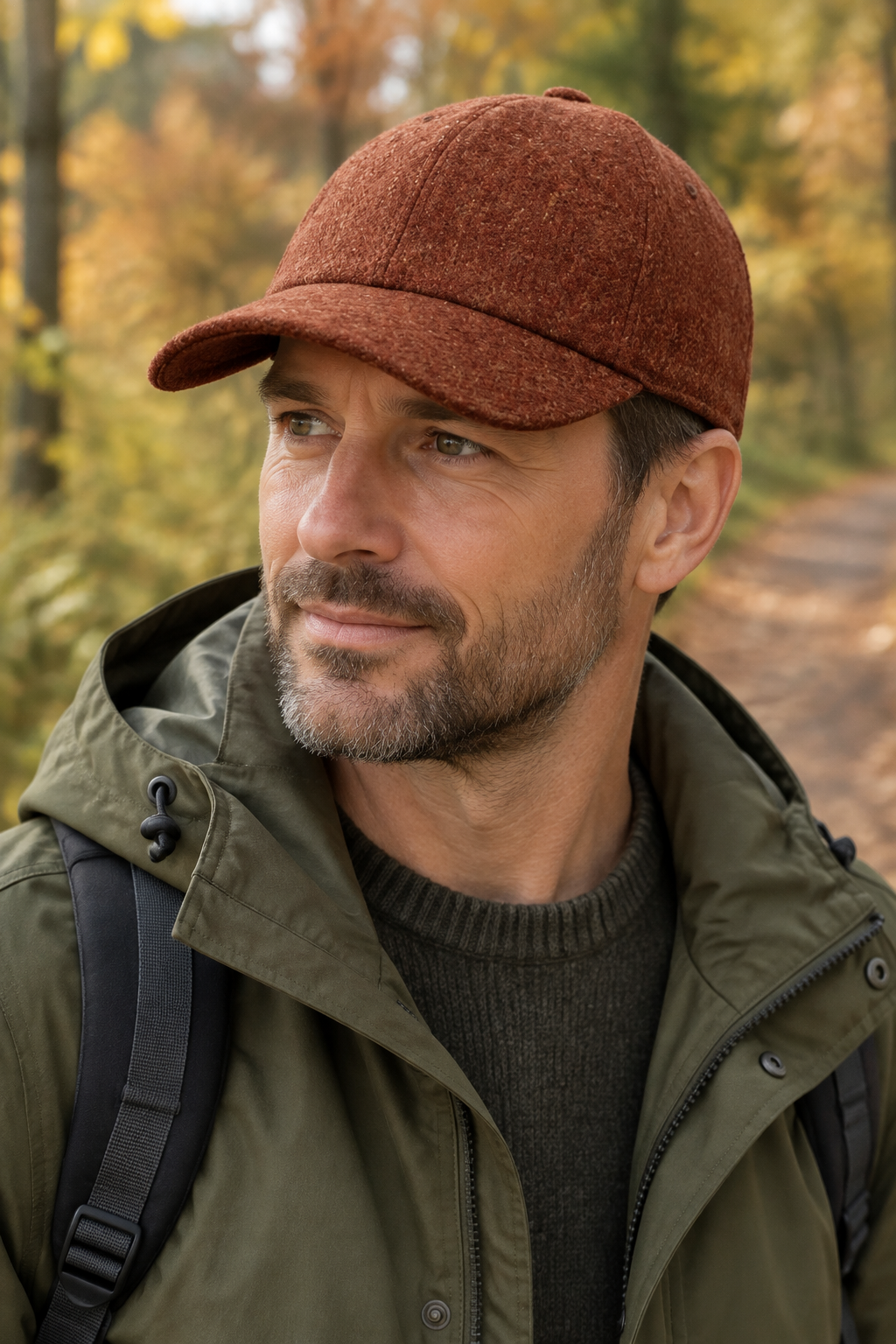 Homme portant la casquette rouille dans la nature