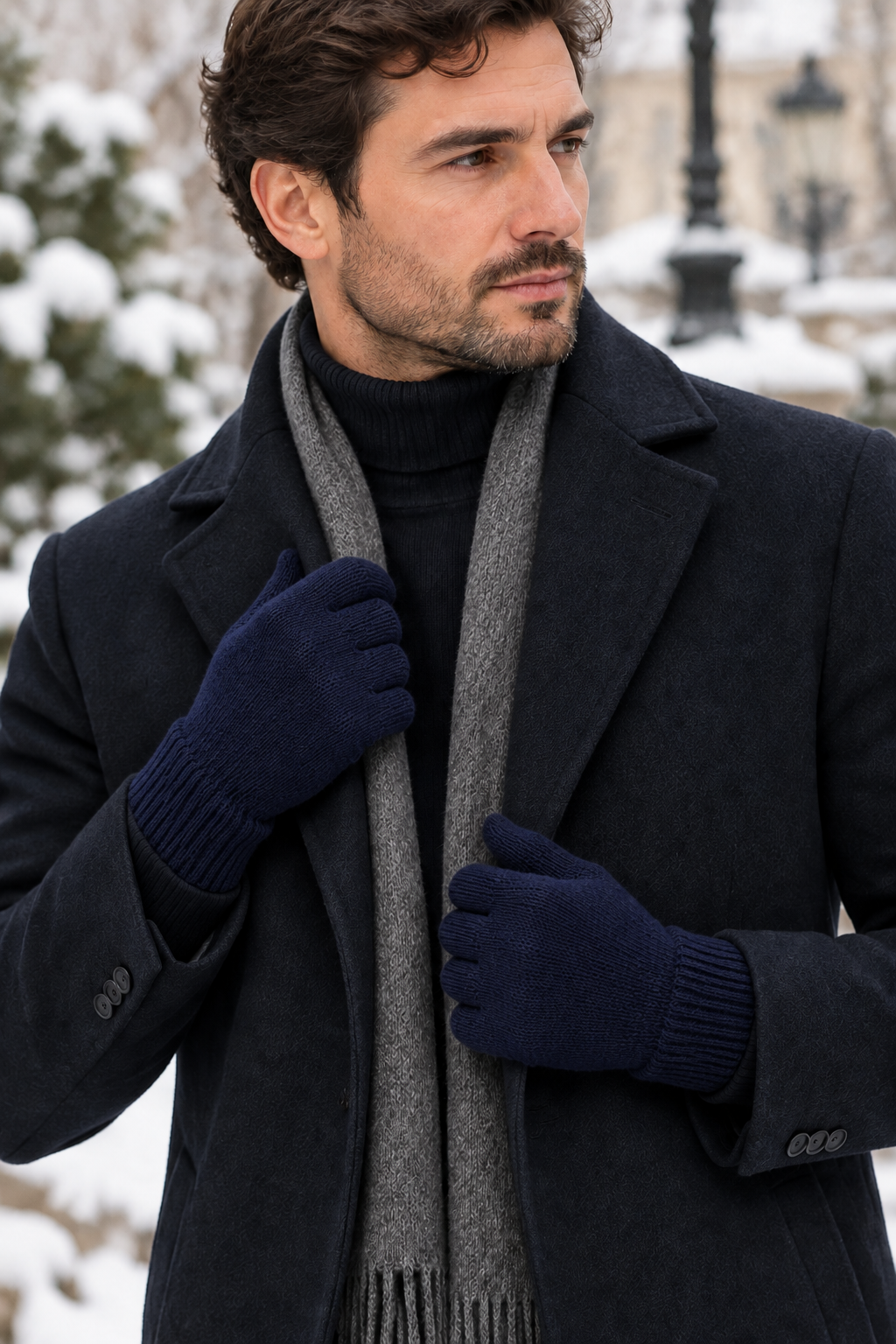Homme portant des gants en laine bleu marine