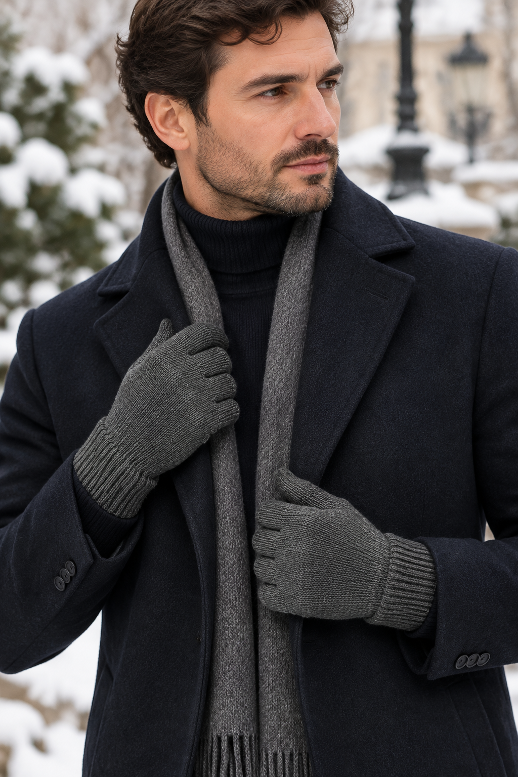 Homme portant des gants en laine gris anthracite