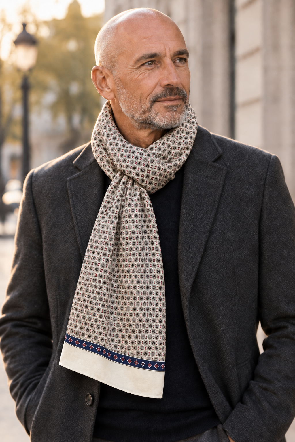 Homme portant l’écharpe aux motifs réduits