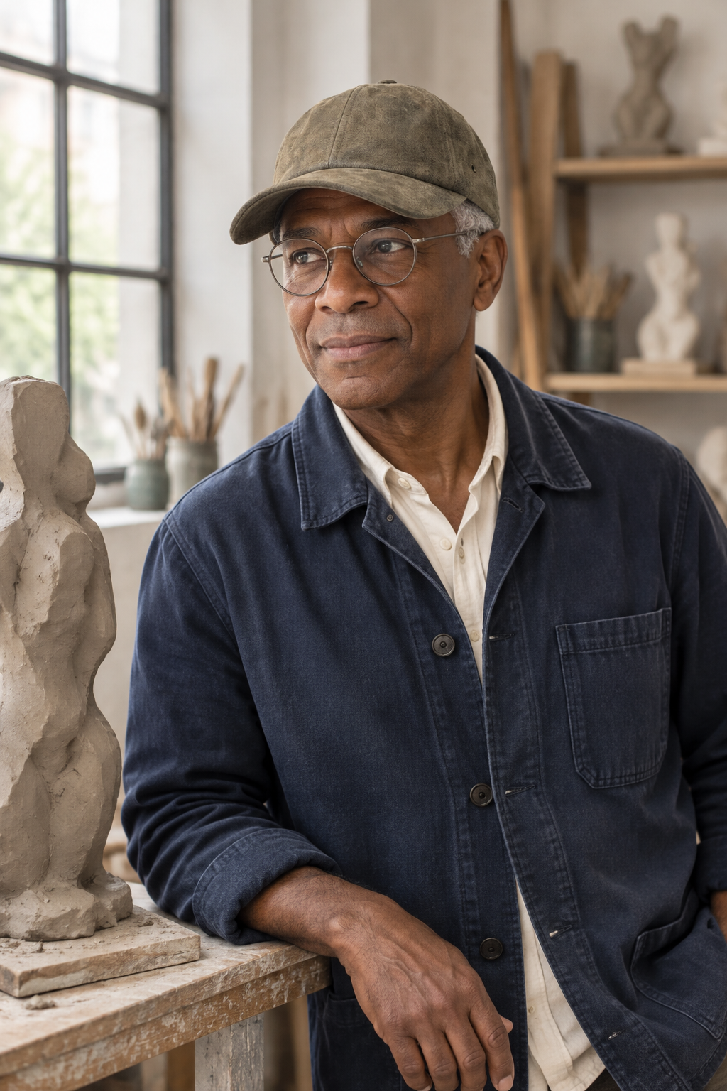 Homme portant la casquette en cuir dans un atelier de sculpture