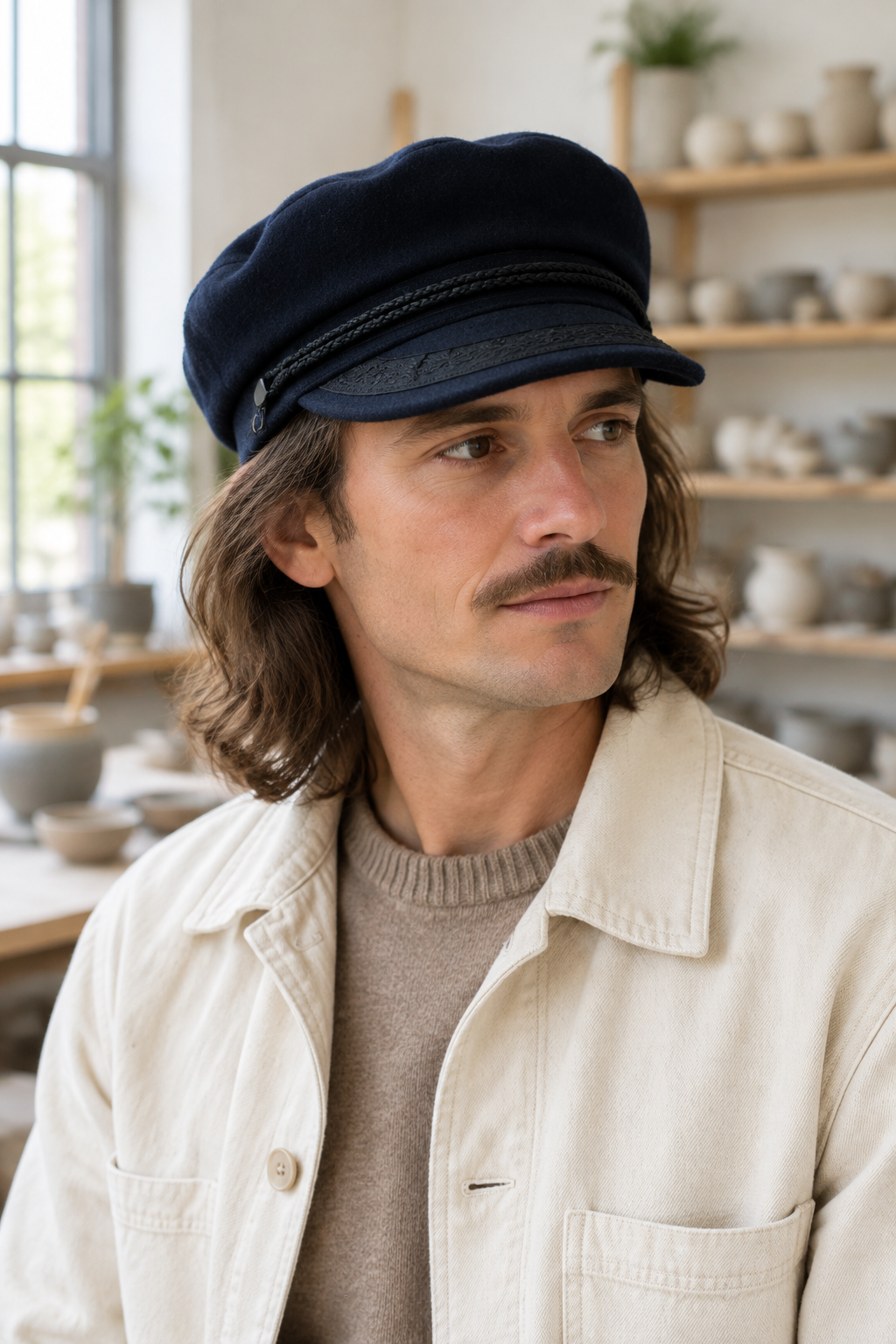 Homme portant la casquette marin dans un atelier de céramique