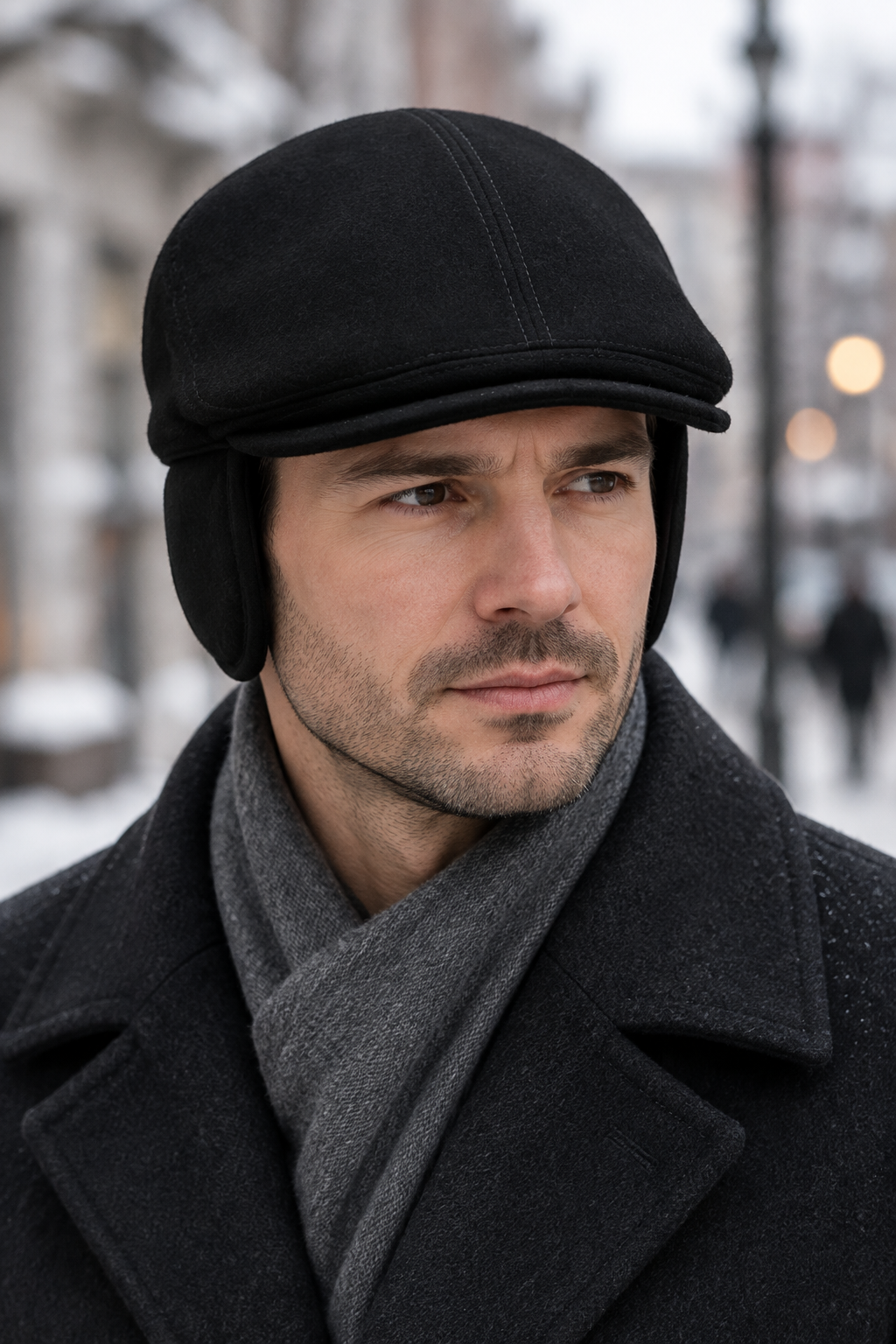 Homme portant la casquette noire à cache-oreilles en ville l'hiver