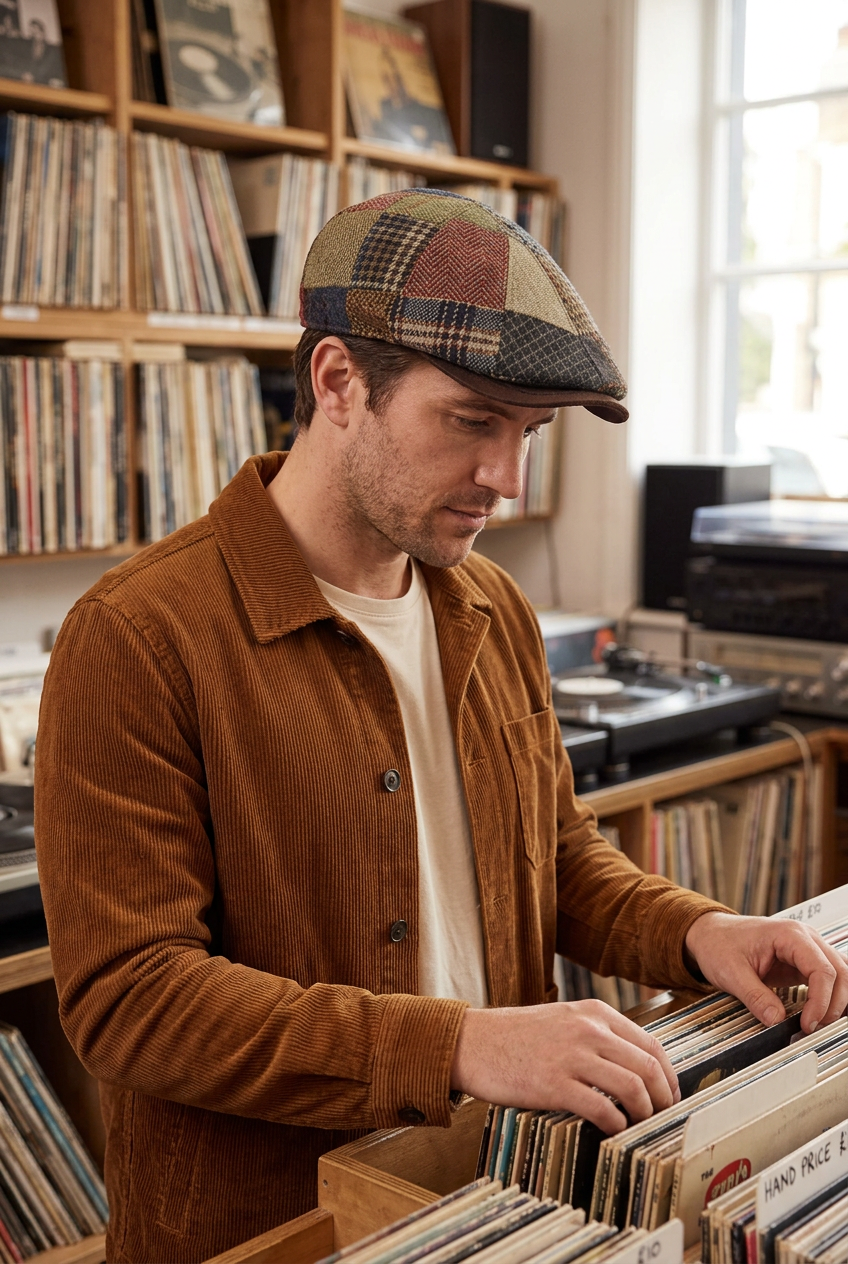Homme portant la casquette patchwork chez un disquaire