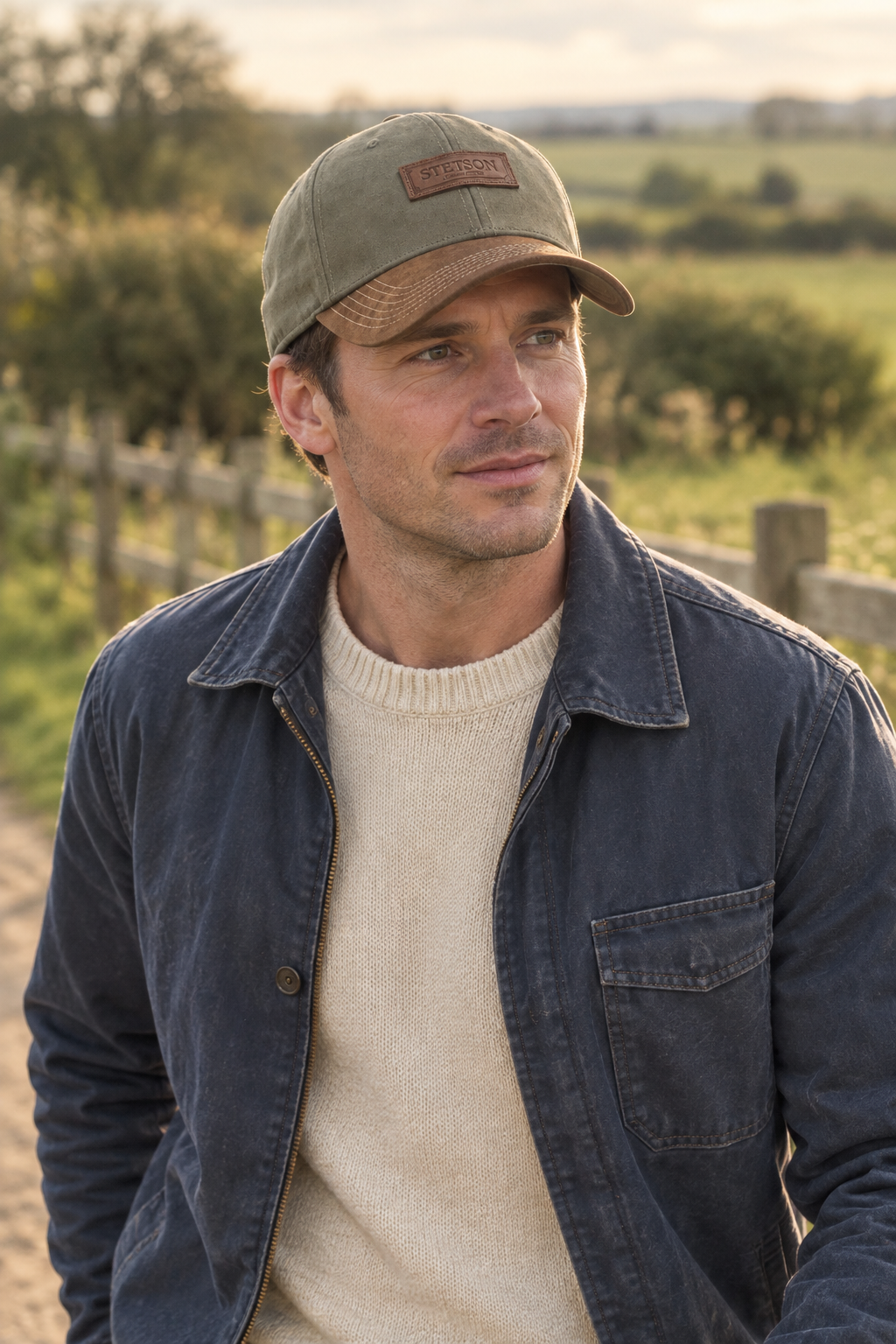 Homme portant la casquette Stetson à la campagne