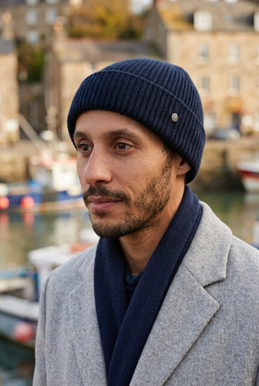 Homme portant le bonnet bleu marine sur les quais d’un port