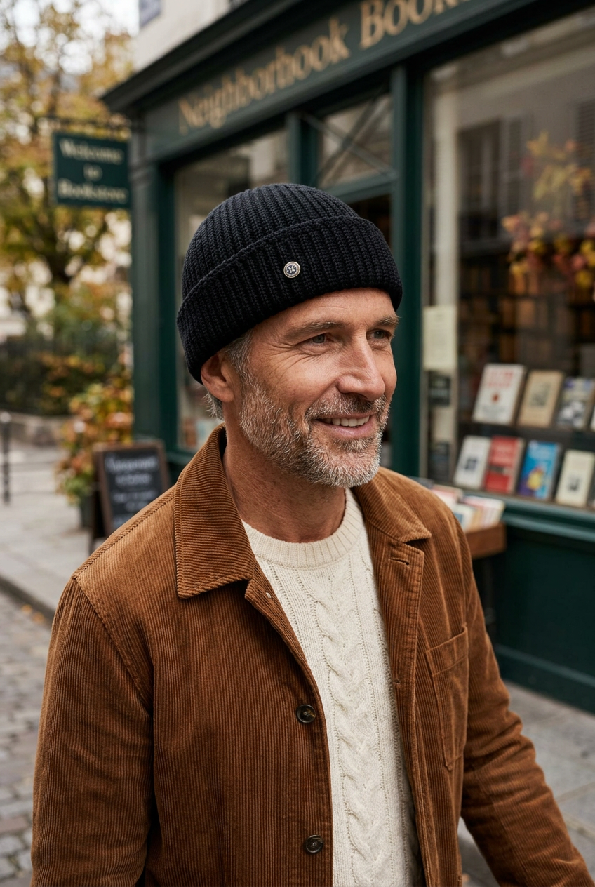 Homme portant le bonnet noir à revers devant une librairie