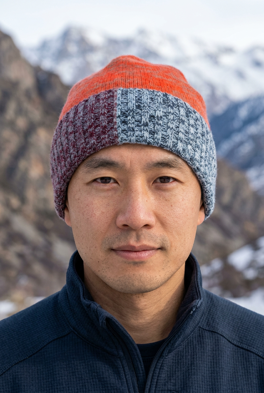Homme portant le bonnet orange et gris chiné dans un décor de montagne