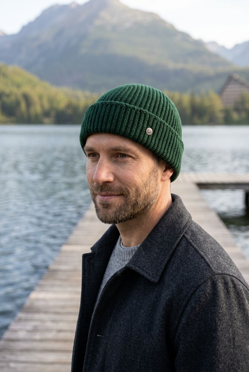 Homme portant le bonnet vert foncé au bord d’un lac