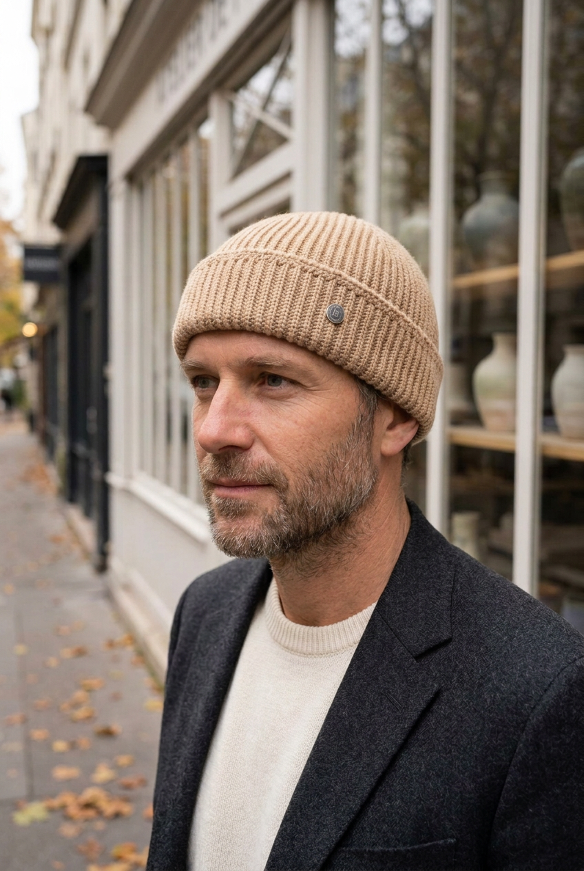 Homme portant le bonnet en laine dans une teinte beige 