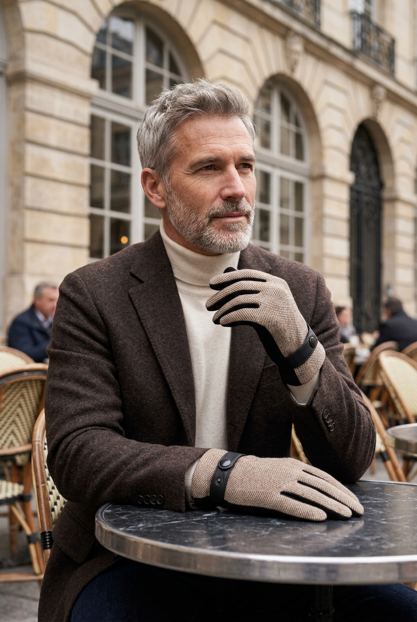 Homme portant les gants beige à chevrons à une terrasse de café