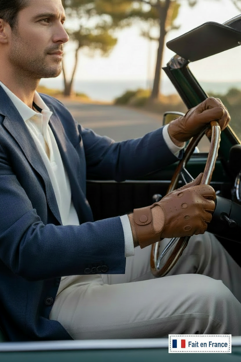 Homme au volant avec une paire de gants de conduite en cuir de couleur biscuit