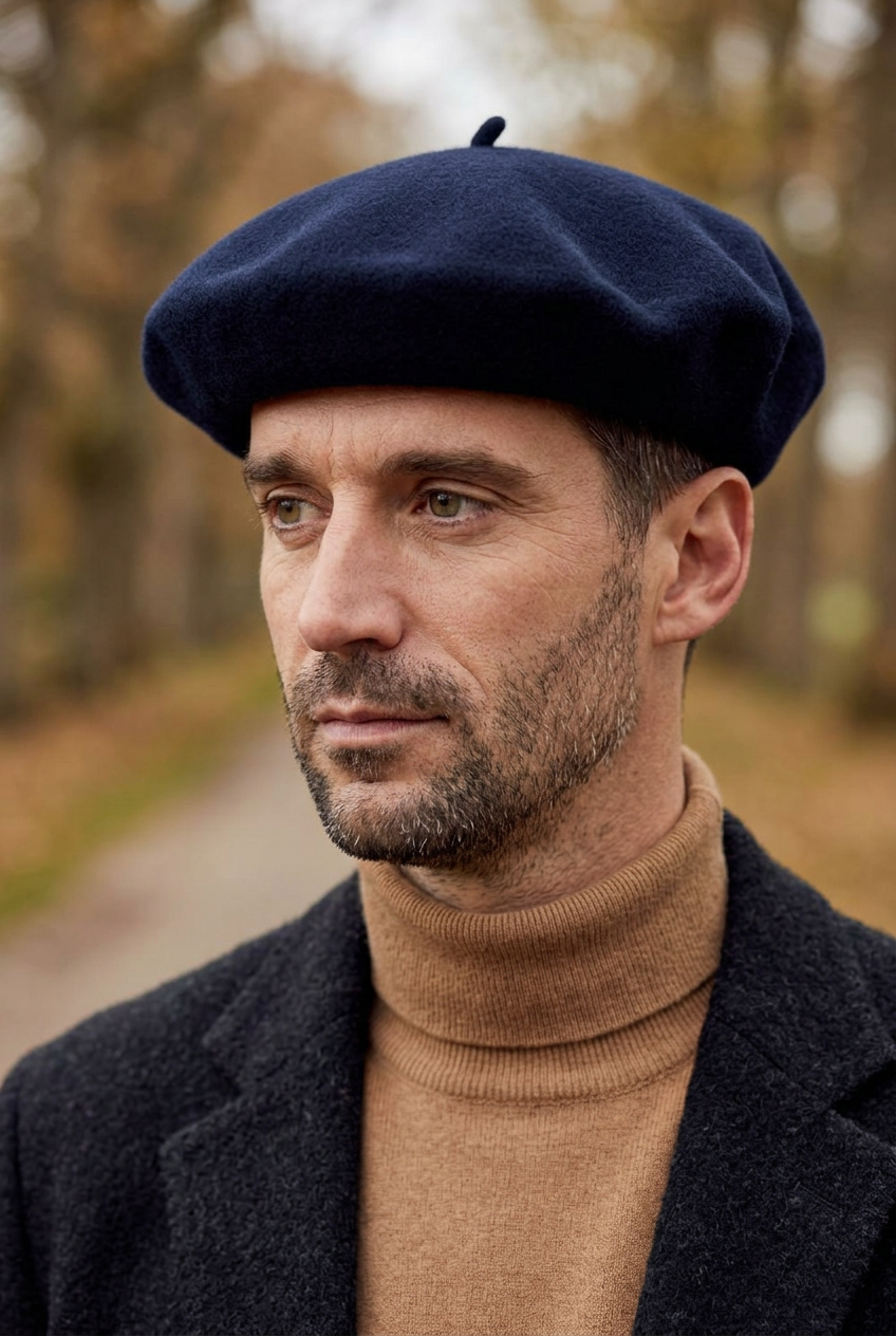 Homme portant un béret basque bleu marine dans un décor naturel automnal