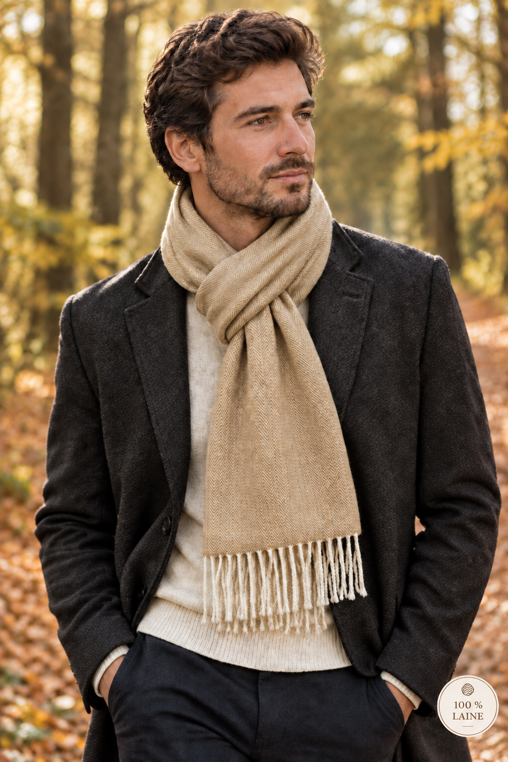 Homme portant une écharpe beige