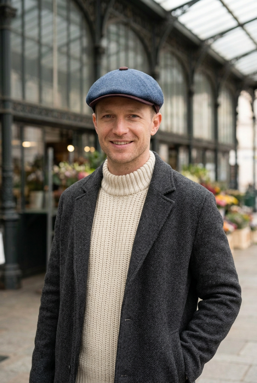 Homme en manteau d’hiver anthracite et pull écru, portant une casquette bleu jean et bordeaux de forme brooklyn