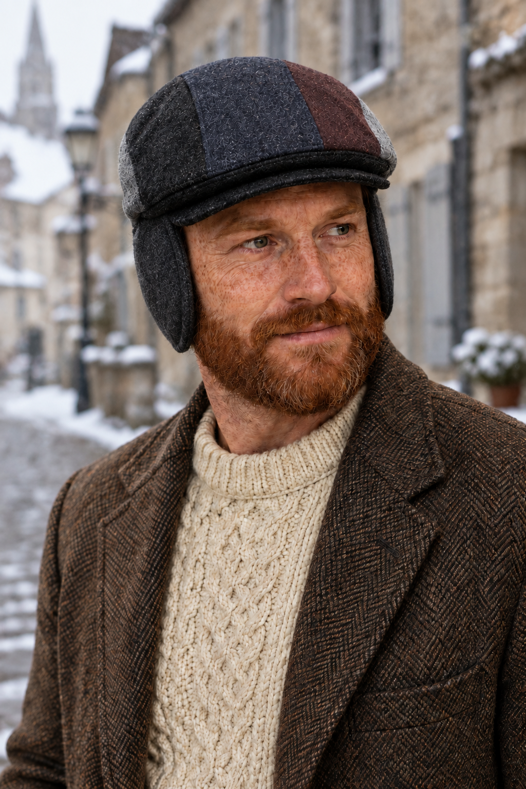 Homme roux avec la casquette patchwork dans une rue pavée enneigée