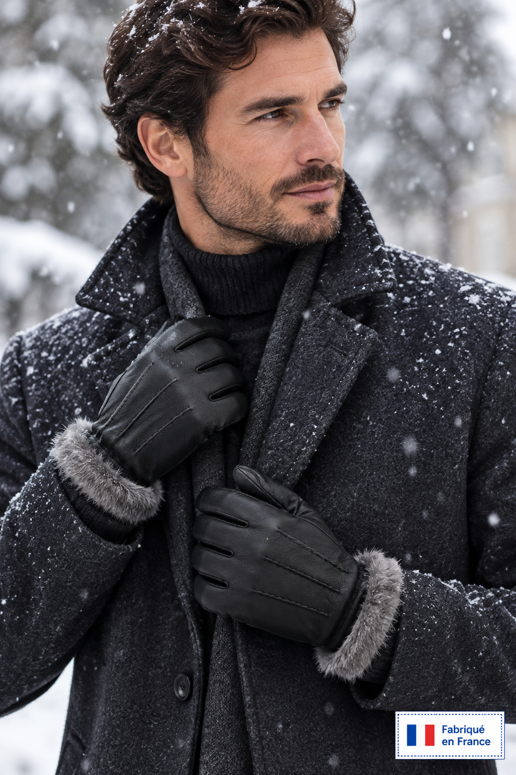 Homme sous la neige portant les gants en cuir avec une doublure et une courte manchette en fourrure lapin