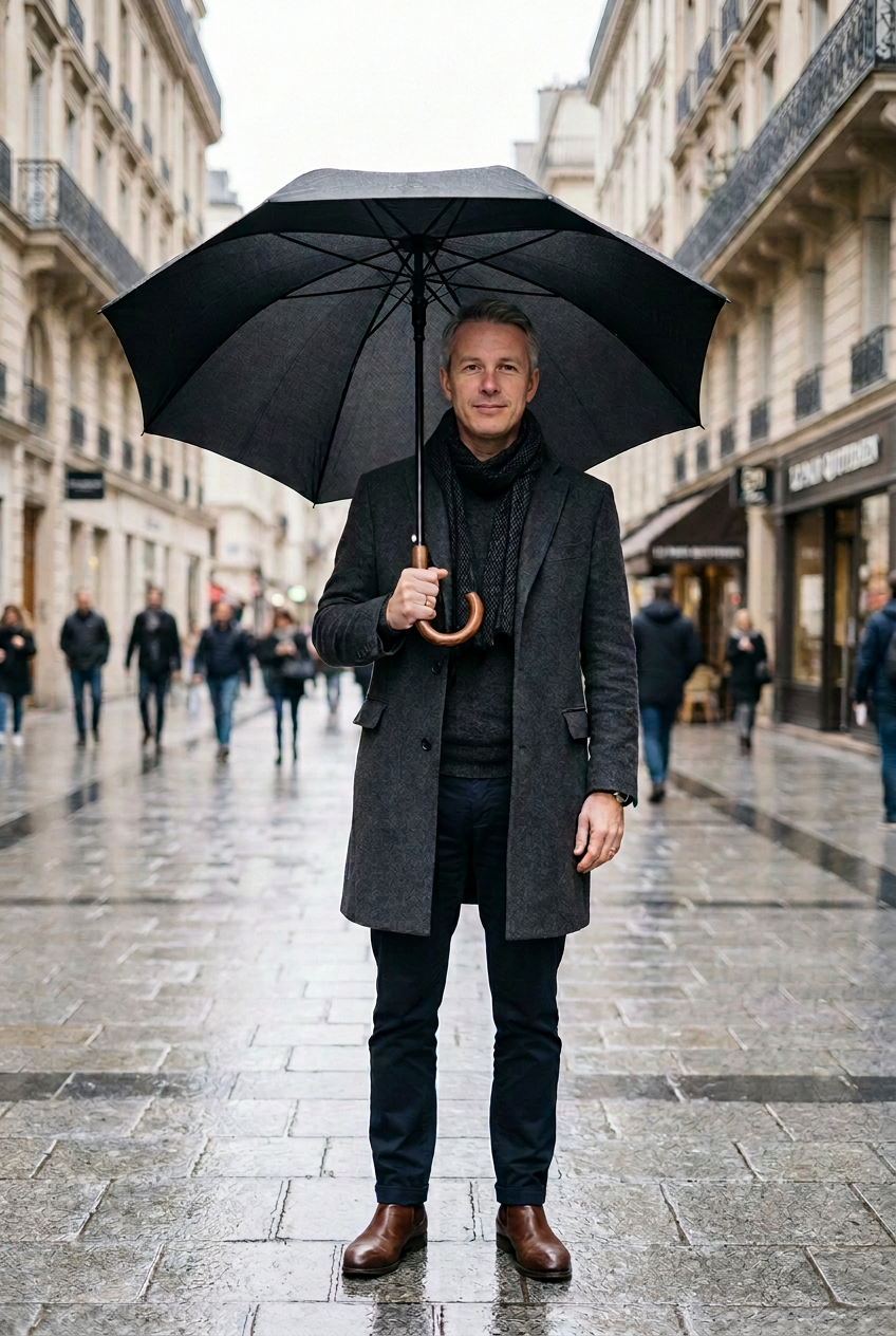 Homme sous un parapluie noir, proportions ajustées aux dimensions fournies