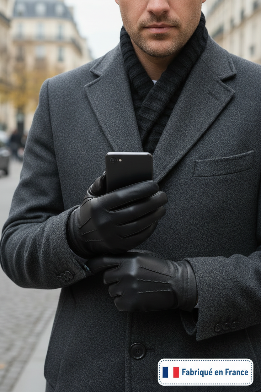 Homme tenant un smartphone avec les gants en cuir noir