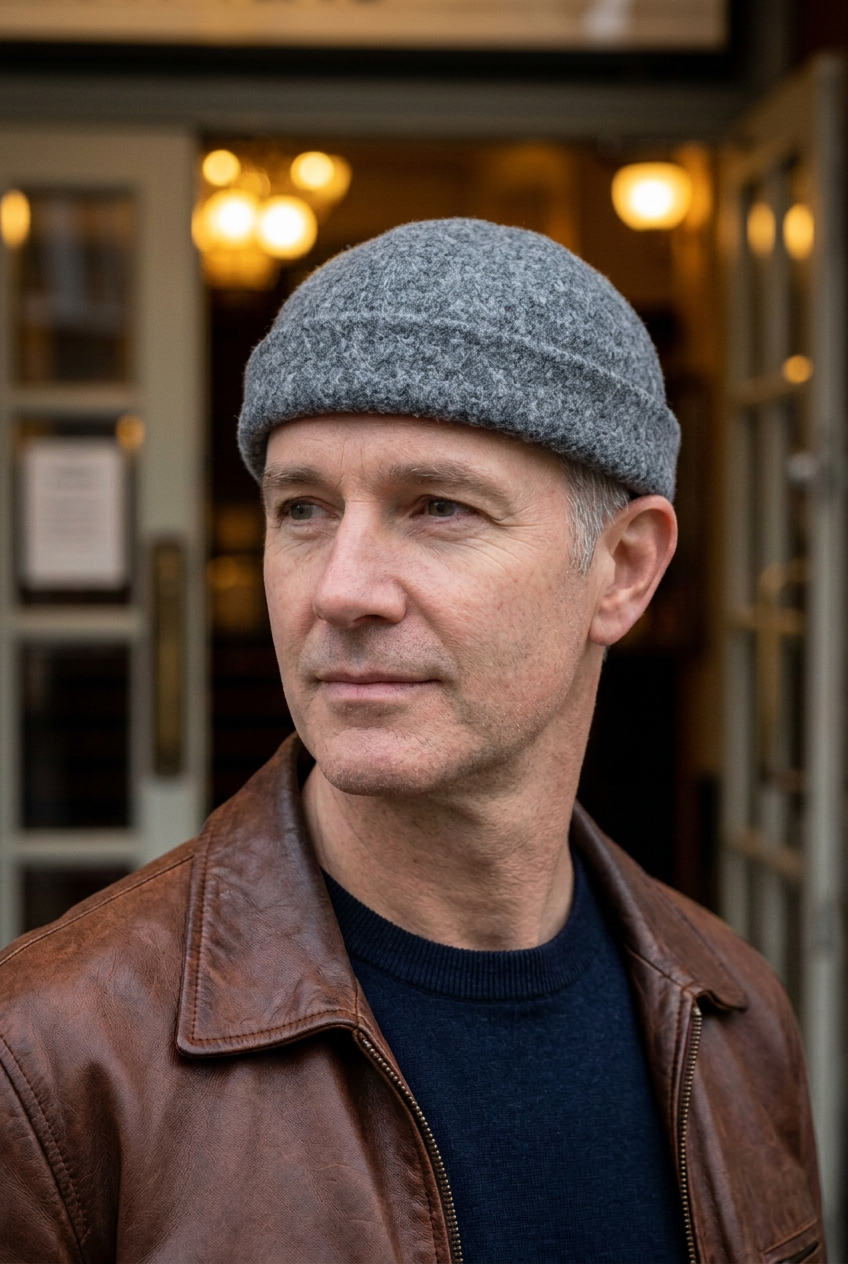 homme portant un bonnet docker en liane gris claire