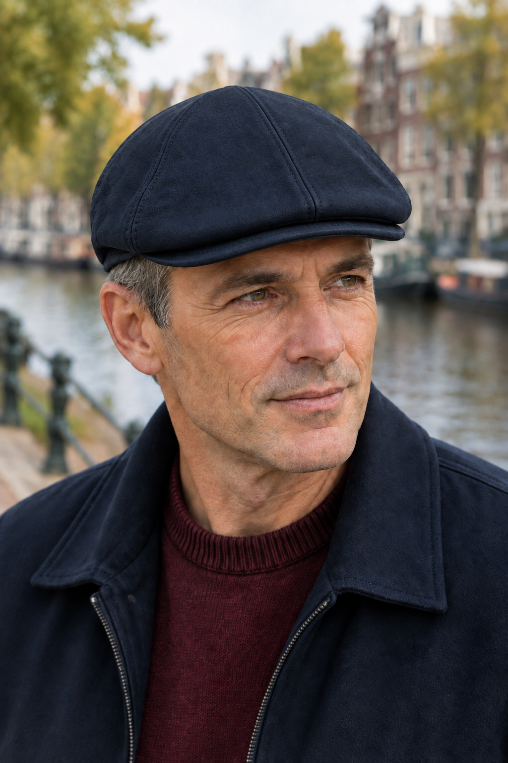 homme qui porte une casquette en cuir mat bleu marine 