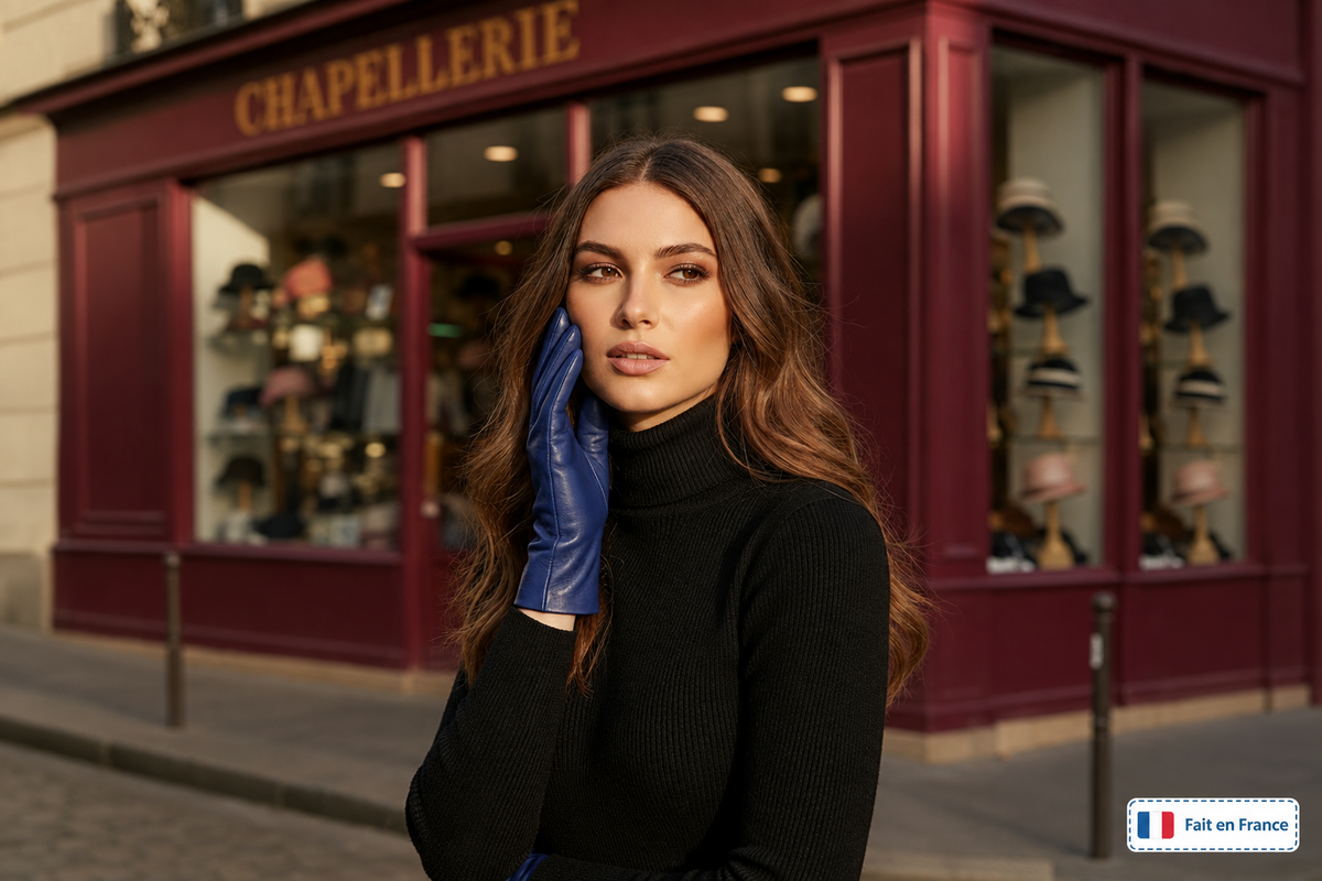 Femme élégante portant des gants bleus avec une banderole Fait en France et le drapeau français