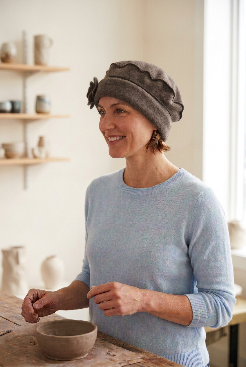Jeune femme portant un béret en polaire de couleur taupe avec un rebord sur les oreilles et une petite fleur sur le coté.