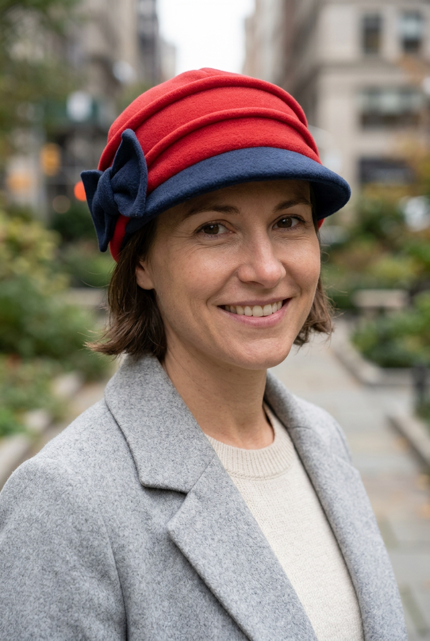 Jeune femme portant une casquette rouge cintrée avec visière et nœud bleu marine